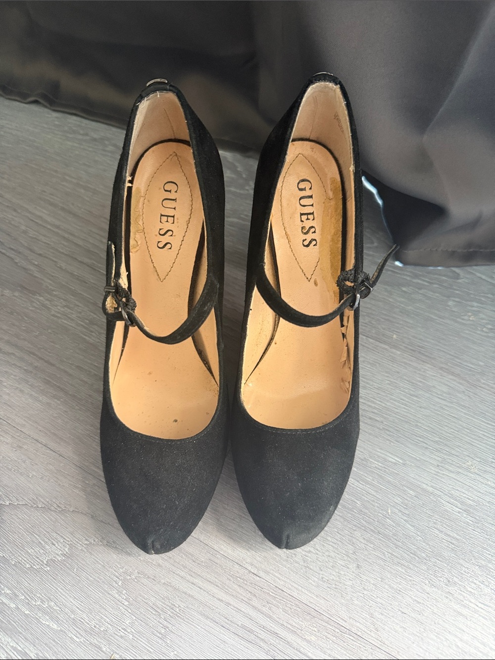 GUESS Black Suede Mary Jane Strap Heels